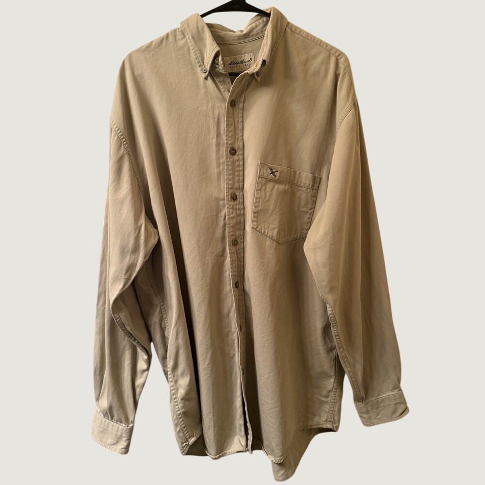 Vintage Eddie Bauer Mens Heavy Cotton Shacket Shirt Khaki Workwear 90s Outdoor